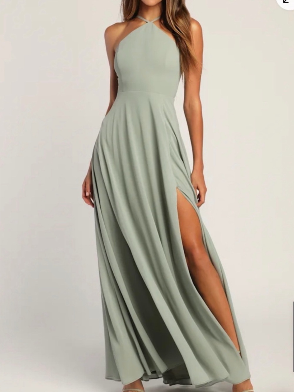 Lulu’s Sage High-Slit Halter Maxi Dress